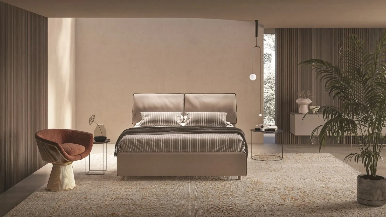 Letto Beatrice, letto imbottito con contenitore e testiera alta in quattro varianti, made in Italy
