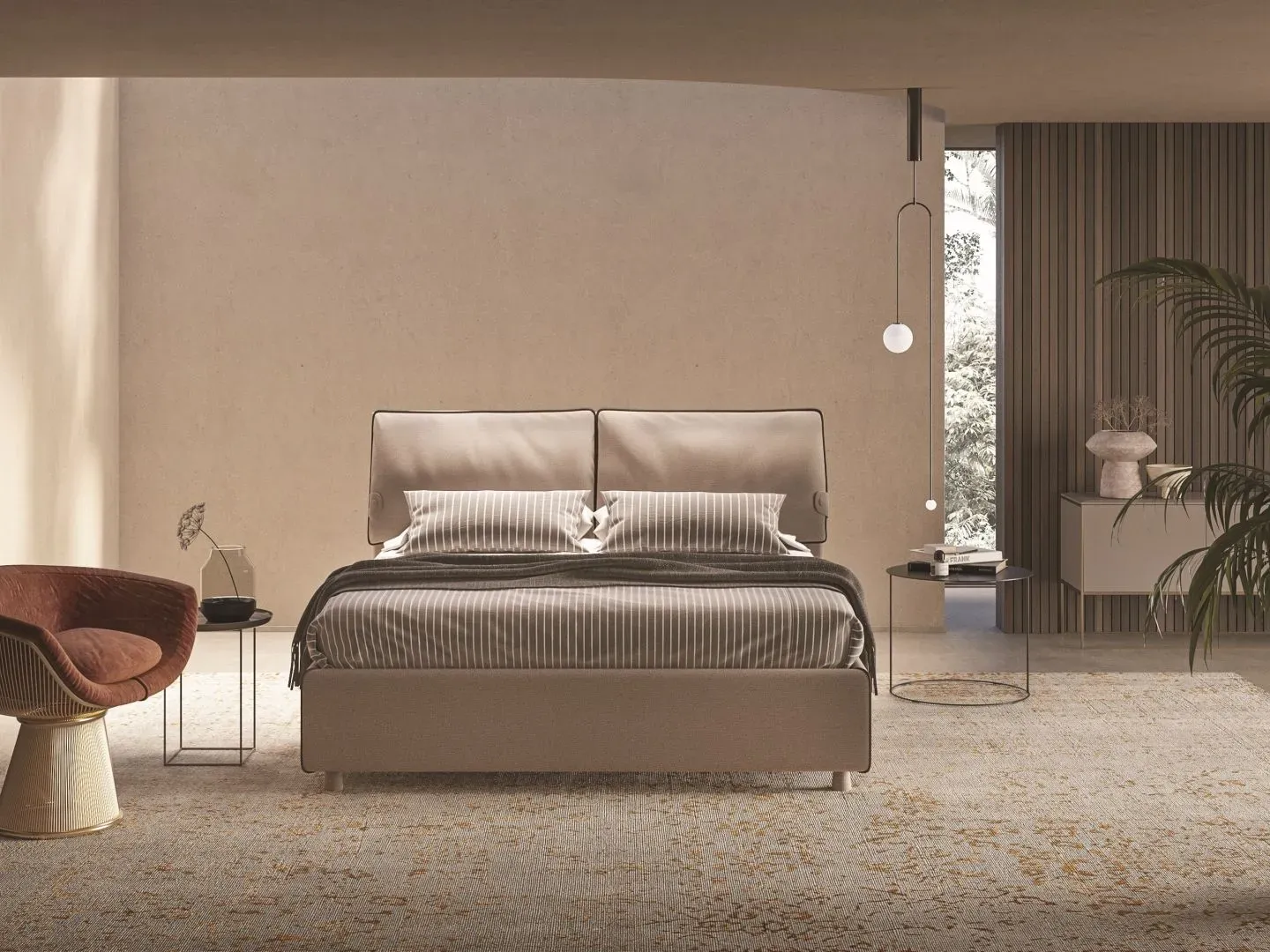 Letto Beatrice, letto imbottito con contenitore e testiera alta in quattro varianti, made in Italy