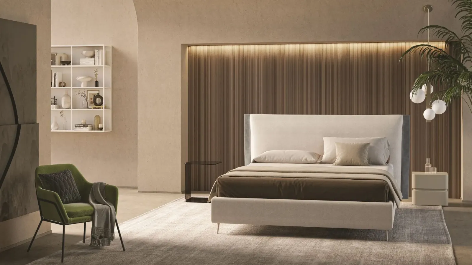 Letto Emma, letto contenitore con testiera imbottita, made in Italy