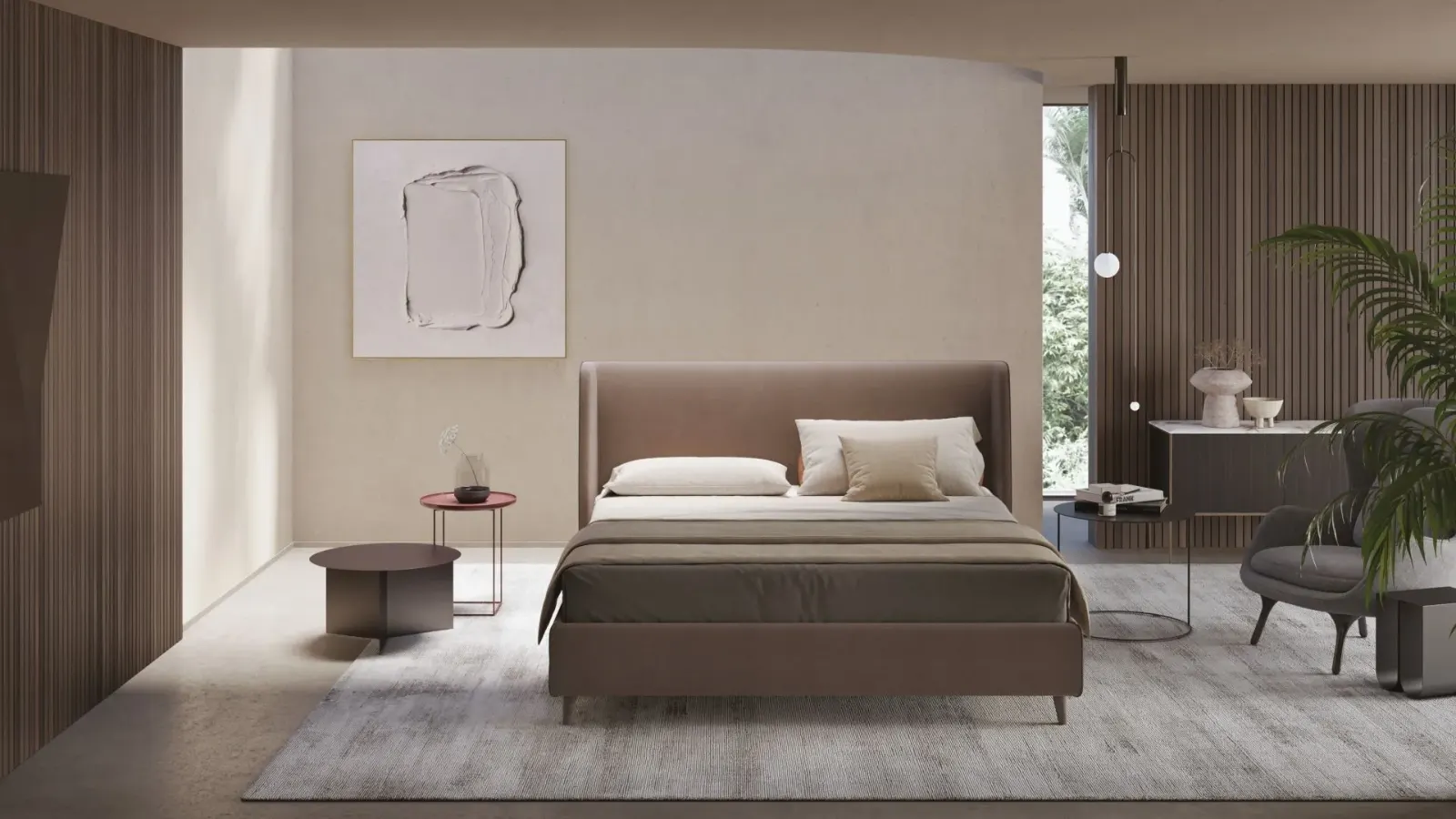 Letto Julia, letto contenitore con testiera imbottita da terra, made in Italy