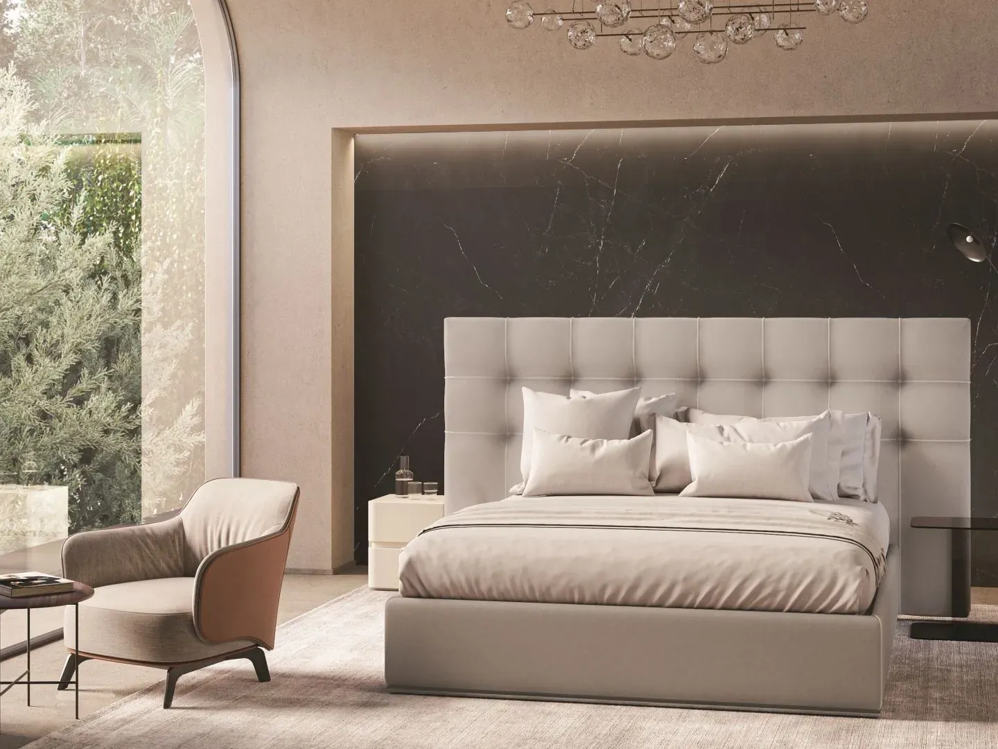 Letto Malika Large, letto imbottito con testiera trapuntata in tessuto o ecopelle, made in Italy