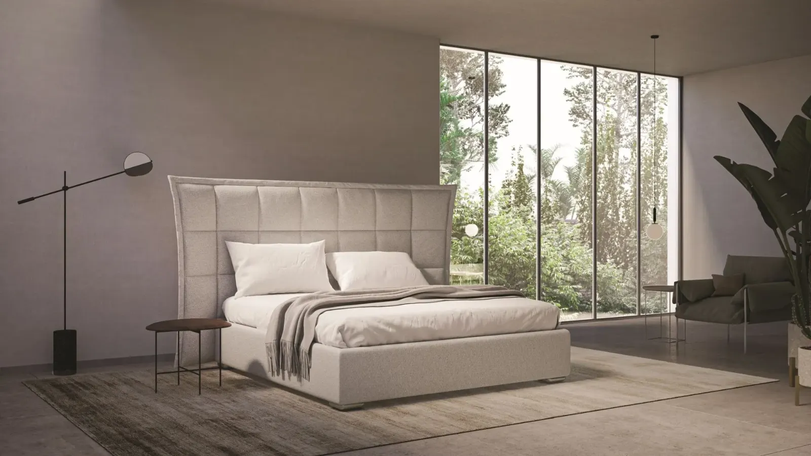 Letto Maya High, letto imbottito con testiera trapuntata in tessuto o ecopelle, made in Italy