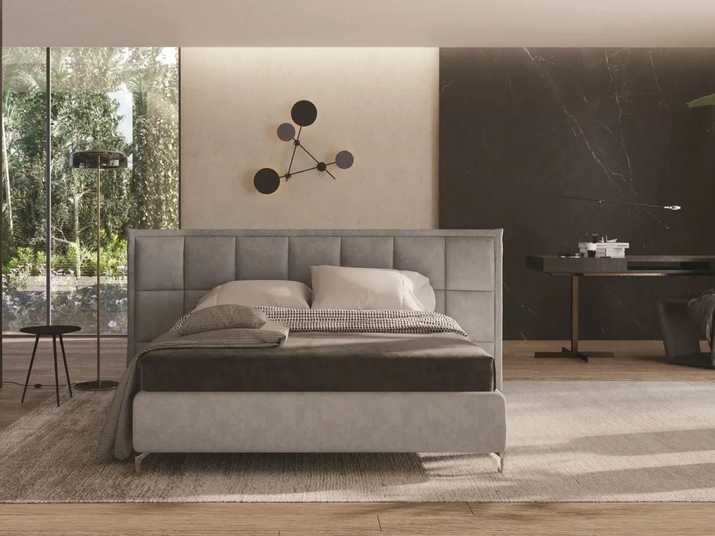 Letto Maya, letto contenitore con testiera trapuntata da terra, made in Italy