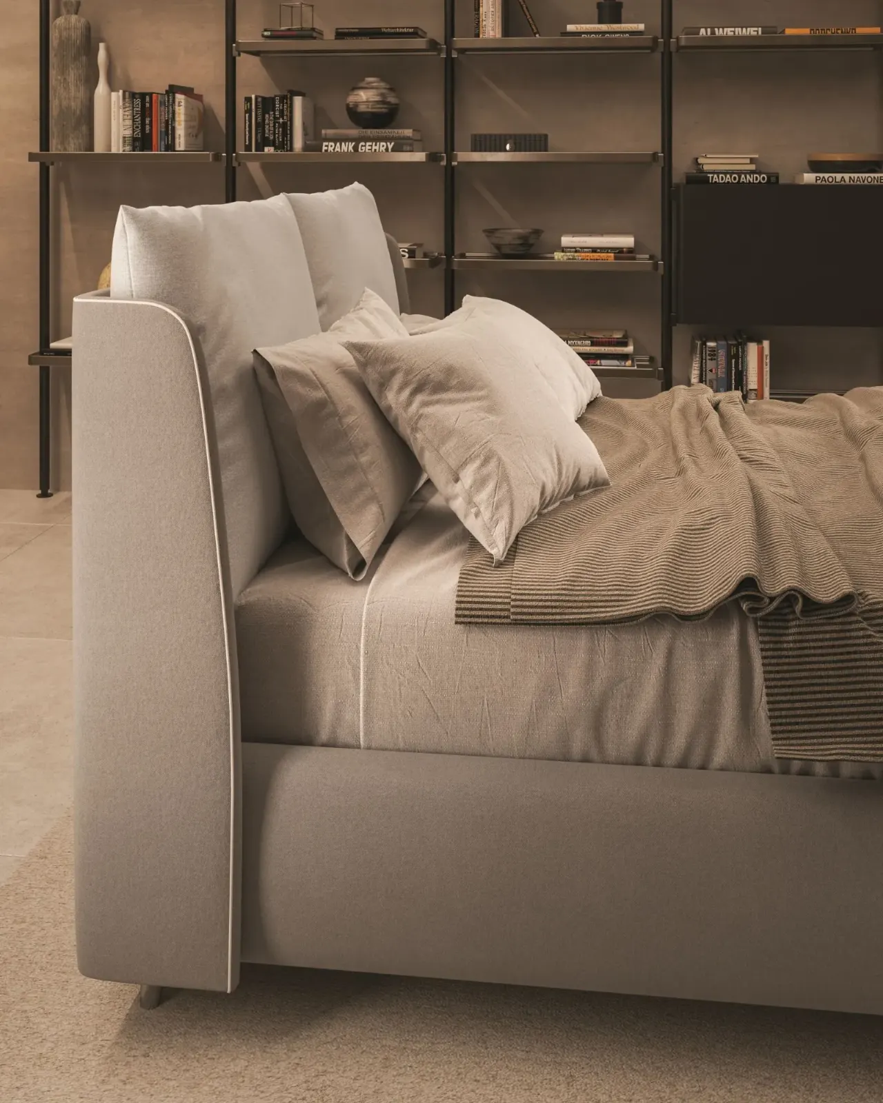 Letto Nora, letto contenitore con testiera imbottita da terra, made in Italy – foto 3