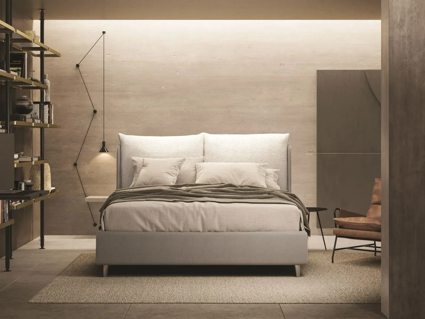 Letto Nora, letto contenitore con testiera imbottita da terra, made in Italy