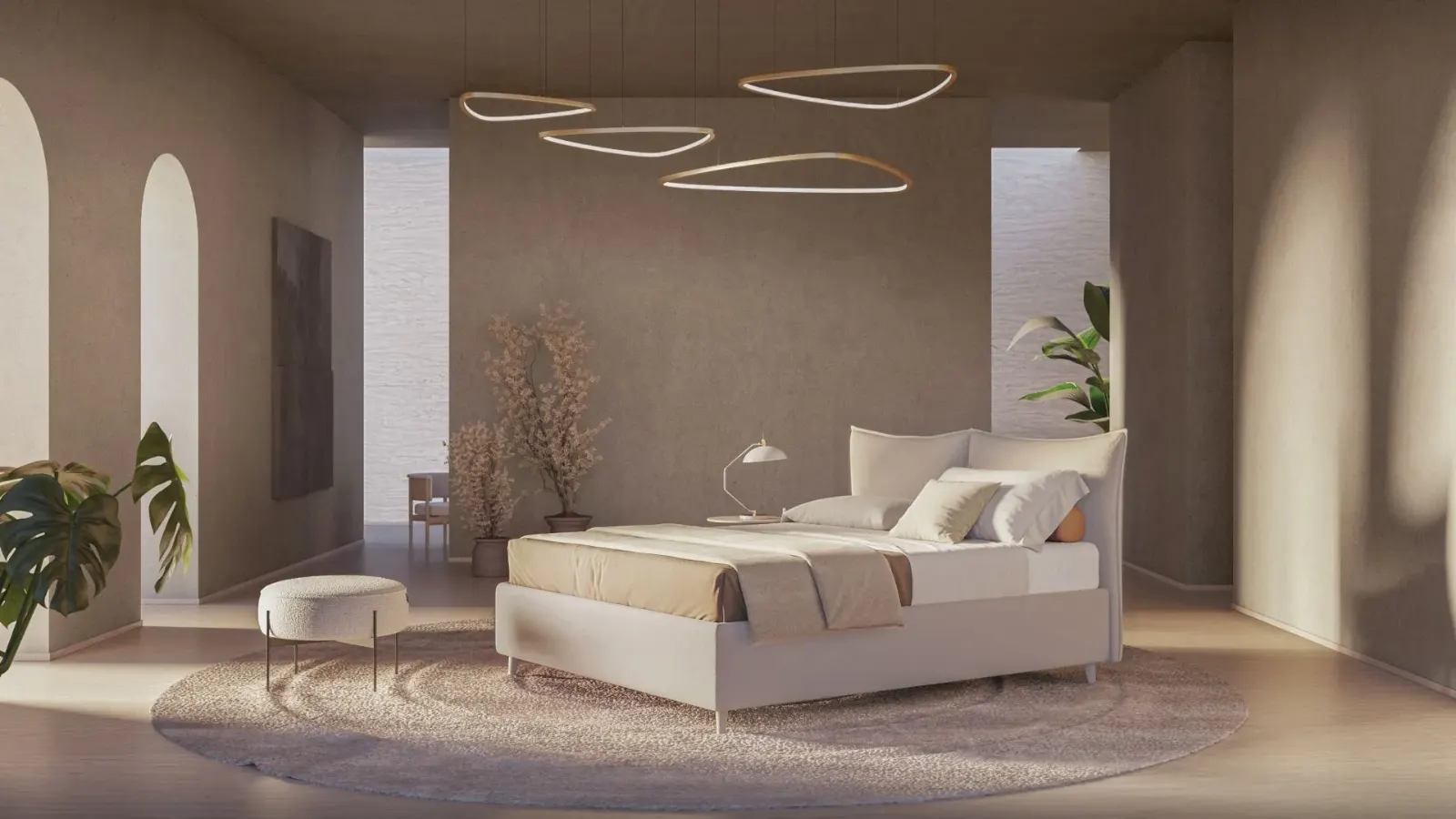 Letto Patricia, letto moderno in tessuto, made in Italy