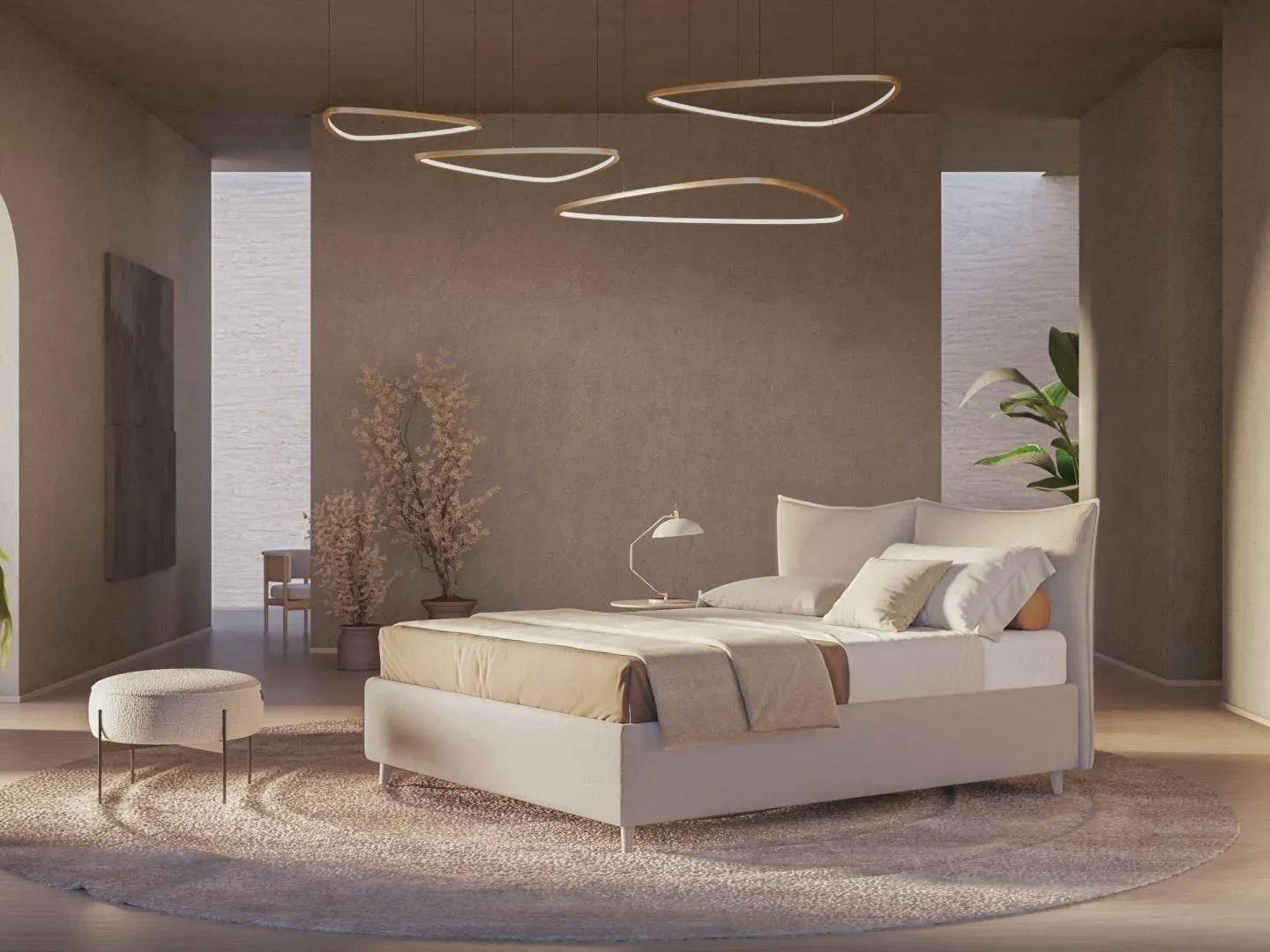Letto Patricia, letto moderno in tessuto, made in Italy